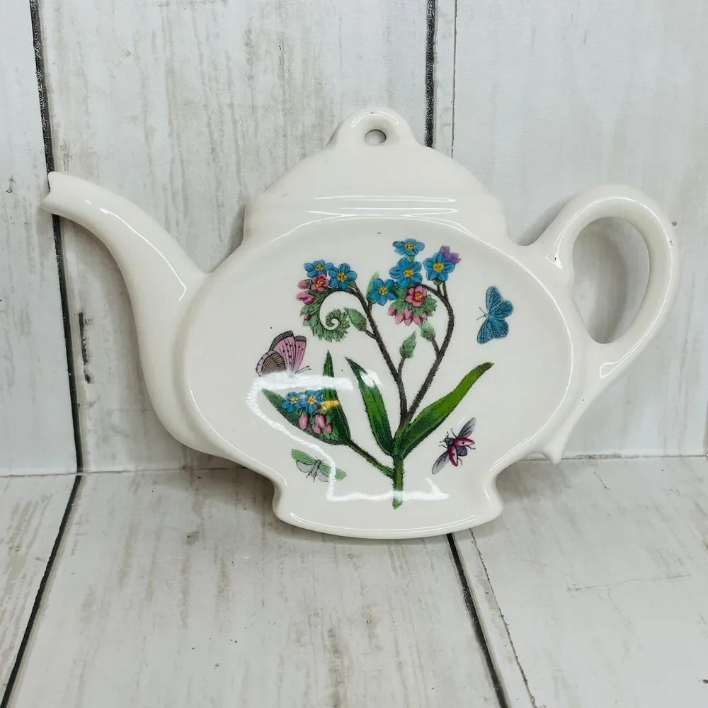 Portmeirion Teapot Shaped Tea Bag Spoon Holder Blue Pink Flowers & Butterflies